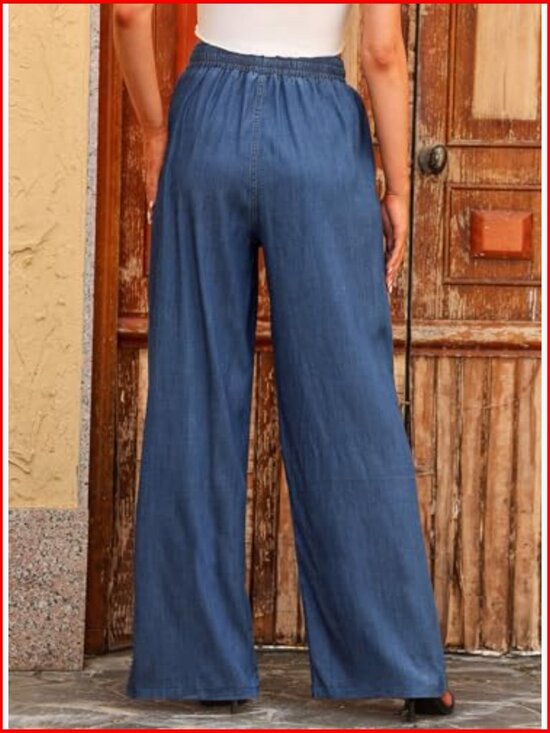 High Waisted Wide Leg Drawstring Jeans Loose Fit Denim Pants - Picture 3 of 7